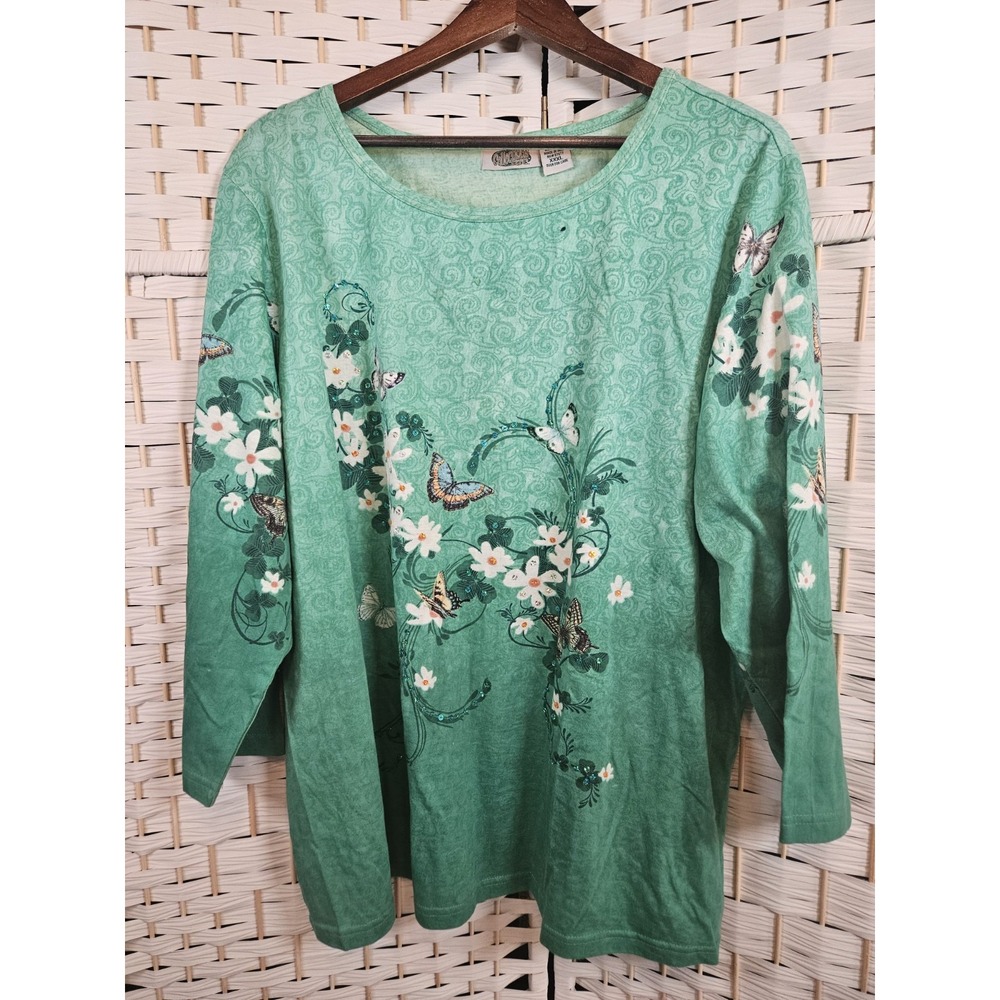 Collections Etc Womens XXXL Green Floral Butterflies Sequin Top Bloomcore *flaw*